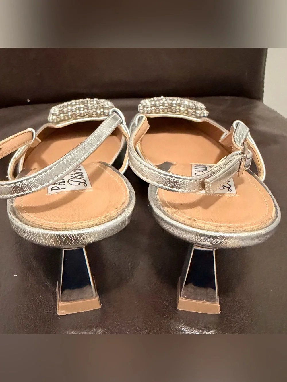 Pancaldi Diane S. Silver Pointed Slingback Heels with Crystal Buckle